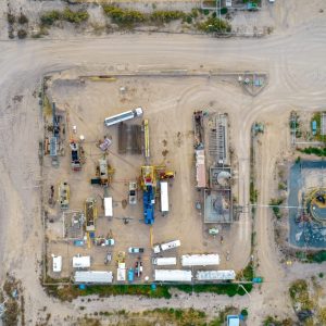 Overhead shot of pulling equipment in an oil field